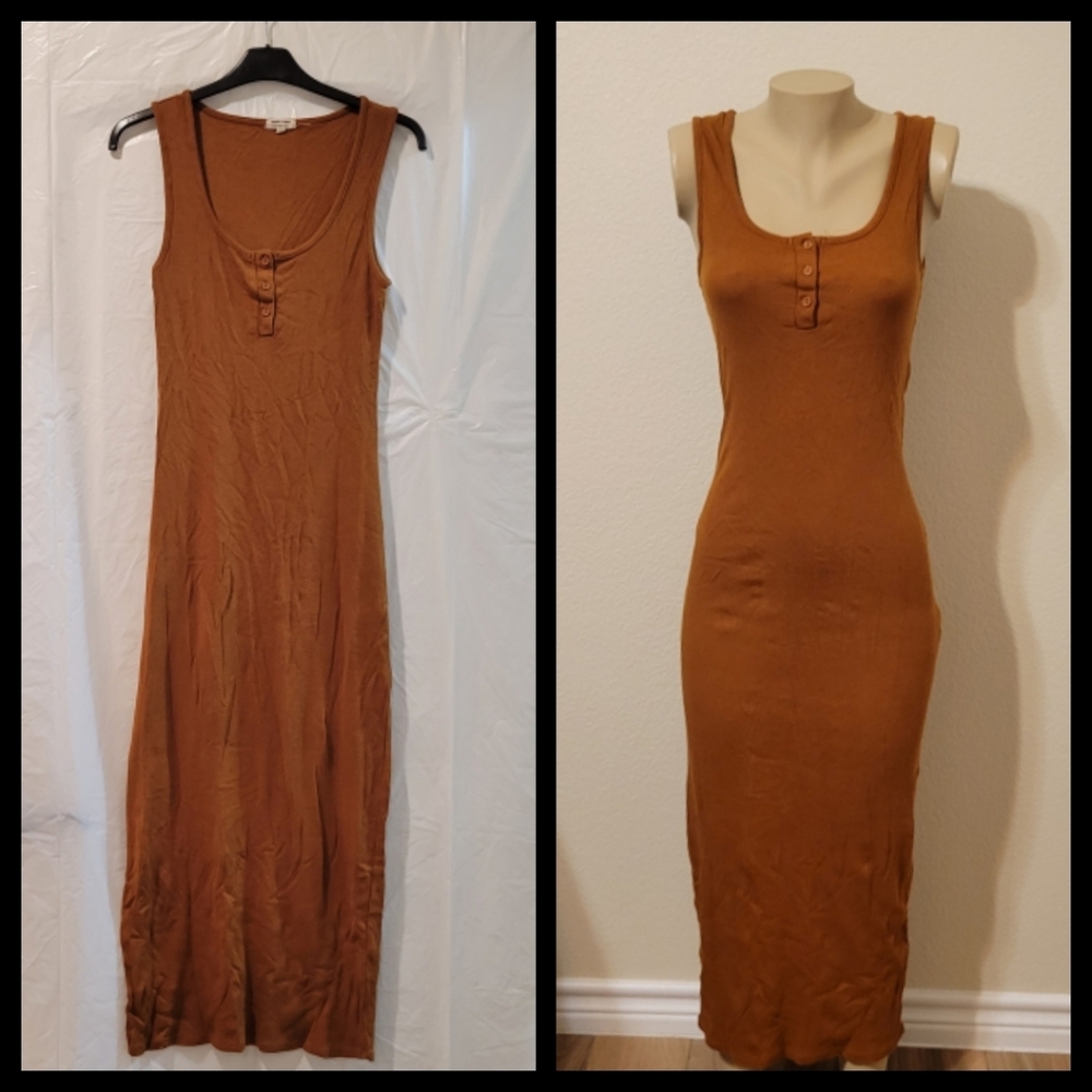 Elegant Brown Sleeveless Rib Knit Fitted Dress L